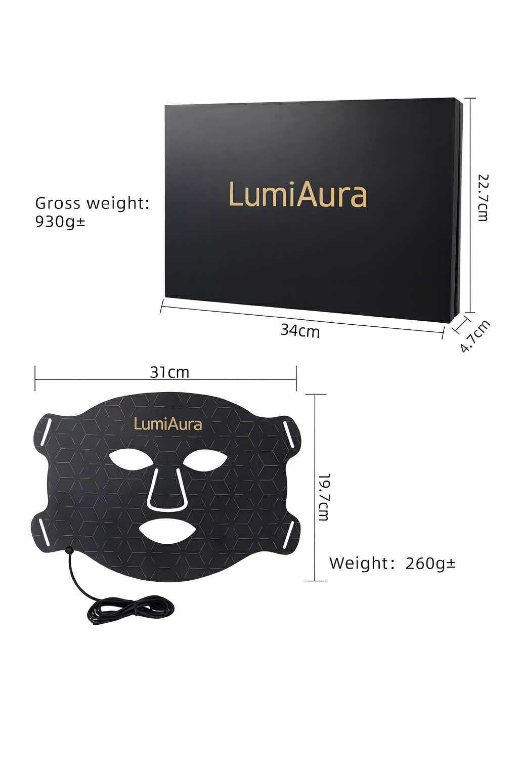 LumiAura LED mask dimensions and weight chart for red light therapy. Anti-aging and acne device with fast USA shipping to major cities.