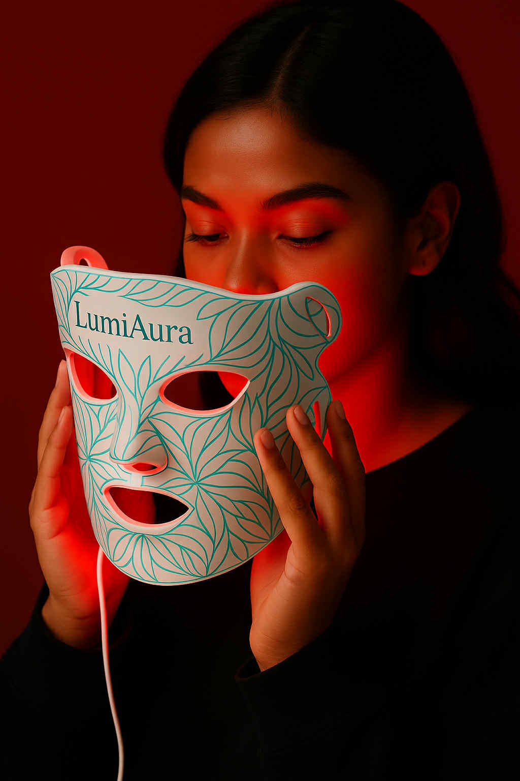 Women wearing the LumiAura premium photon therapy LED face mask designed for skin radiance and rejuvenation, featuring a bendable anti-aging design with fast USA nationwide shipping.