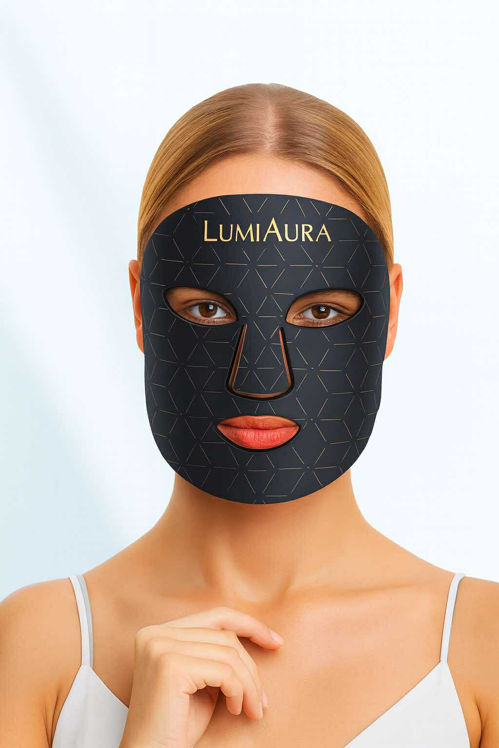 Showing case: LumiAura™ Pro LED face mask in black for anti-aging, redness, and acne care. Premium at-home LED skincare trending in New York, Miami, and Los Angeles.