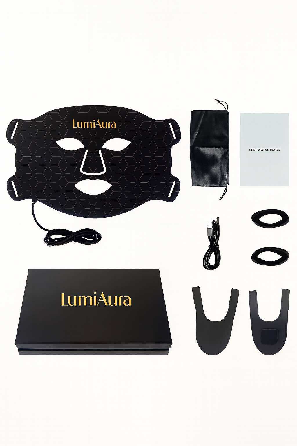 Showcasing the LumiAura™ Black Edition LED Red Light Therapy Mask for wrinkles, fine lines, and skin rejuvenation; premium gift box included with fast USA shipping to New York, Dallas, and San Francisco