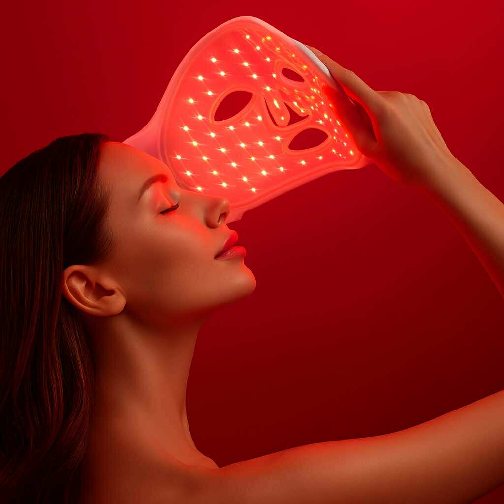Woman wearing the LumiAura LED Mask showing real results for acne, redness, wrinkles, and anti-aging — best LED skincare device in the USA with fast nationwide delivery.