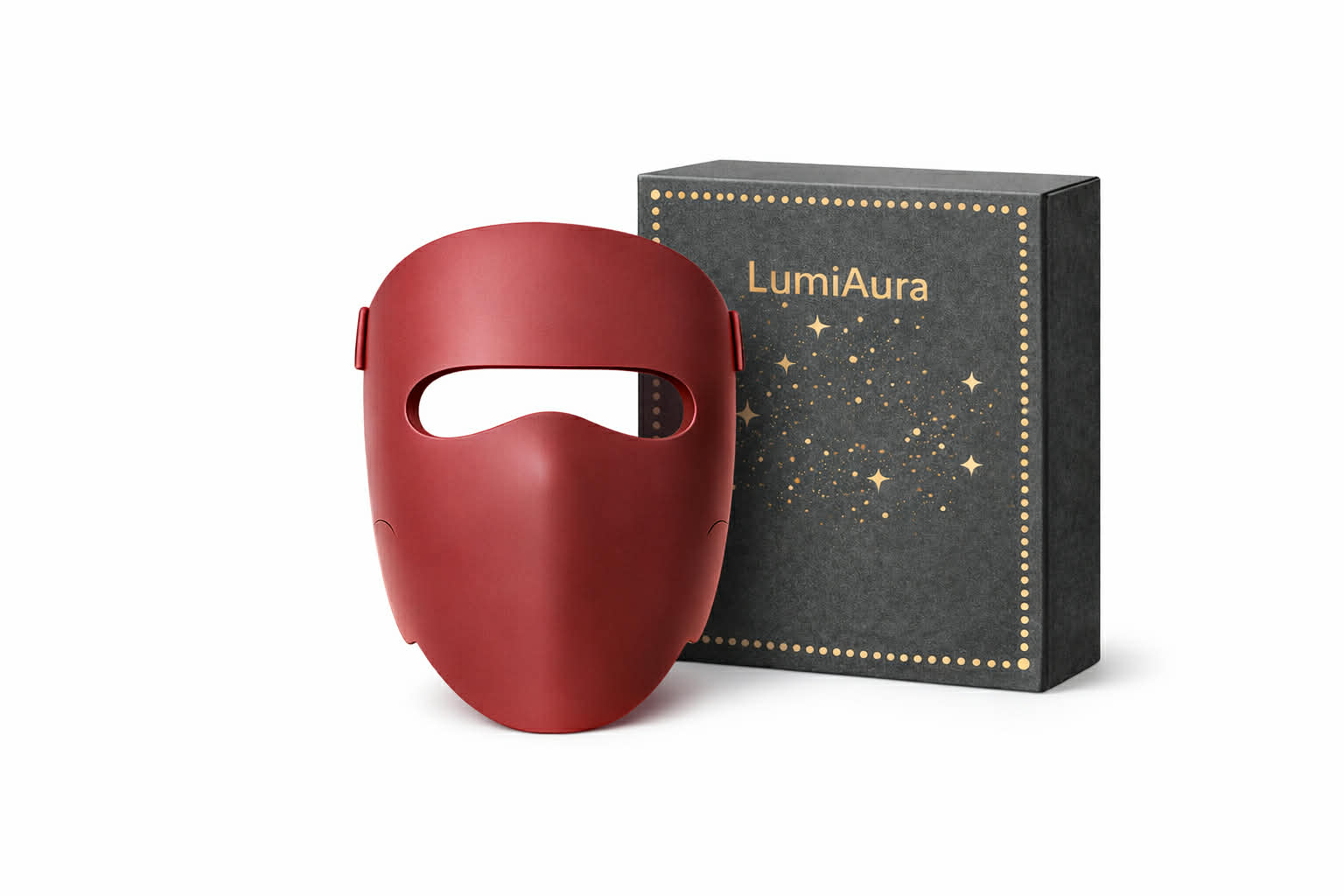LumiAura LED face mask with original packaging box, modern skincare device designed for facial rejuvenation, skin glow, and beauty treatment, available for online sale