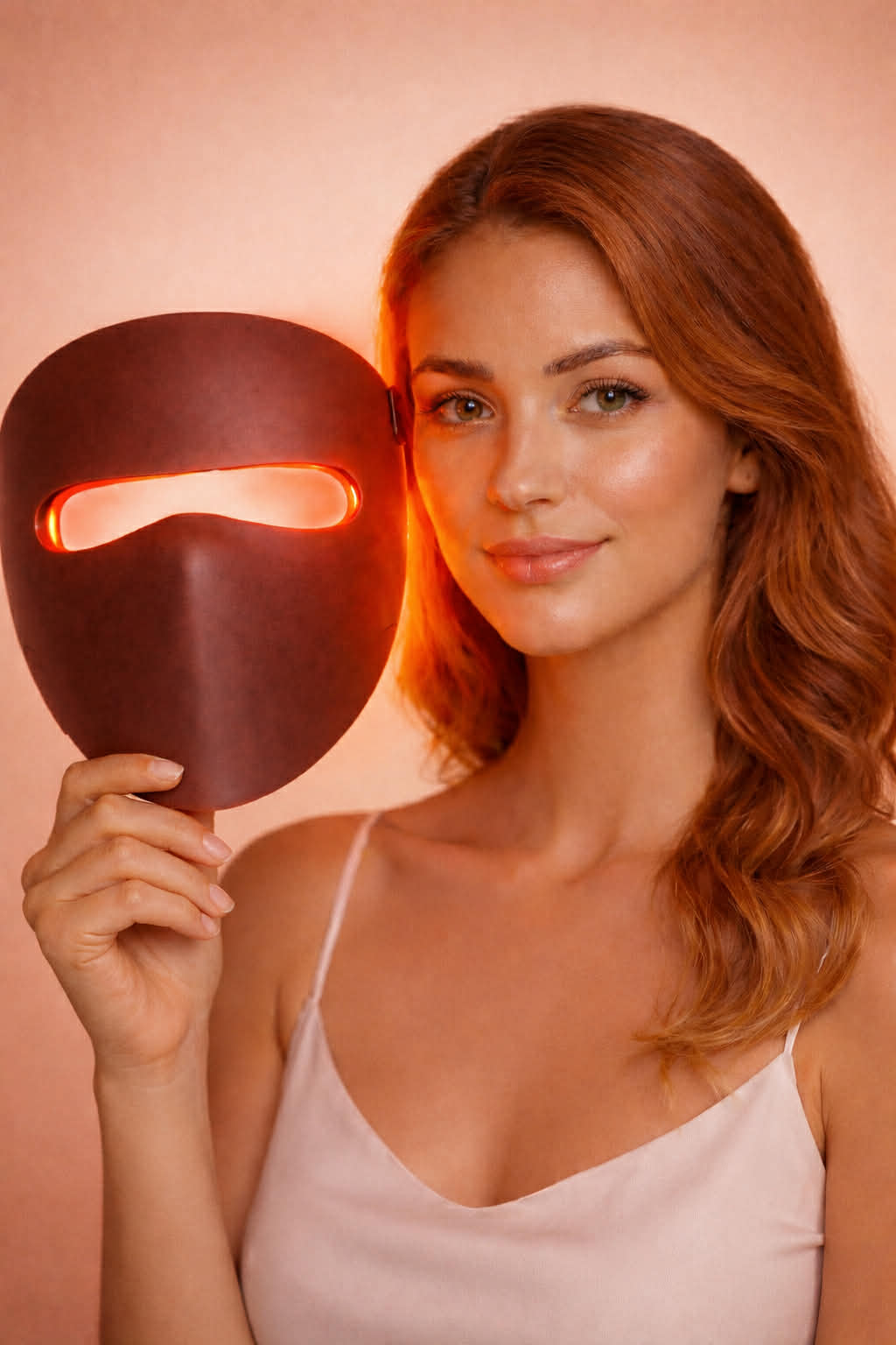 Woman model holding LumiAura red light therapy face mask for anti-aging skincare, LED light therapy device designed to support smoother, clearer, and more radiant skin, non-invasive home skincare technology