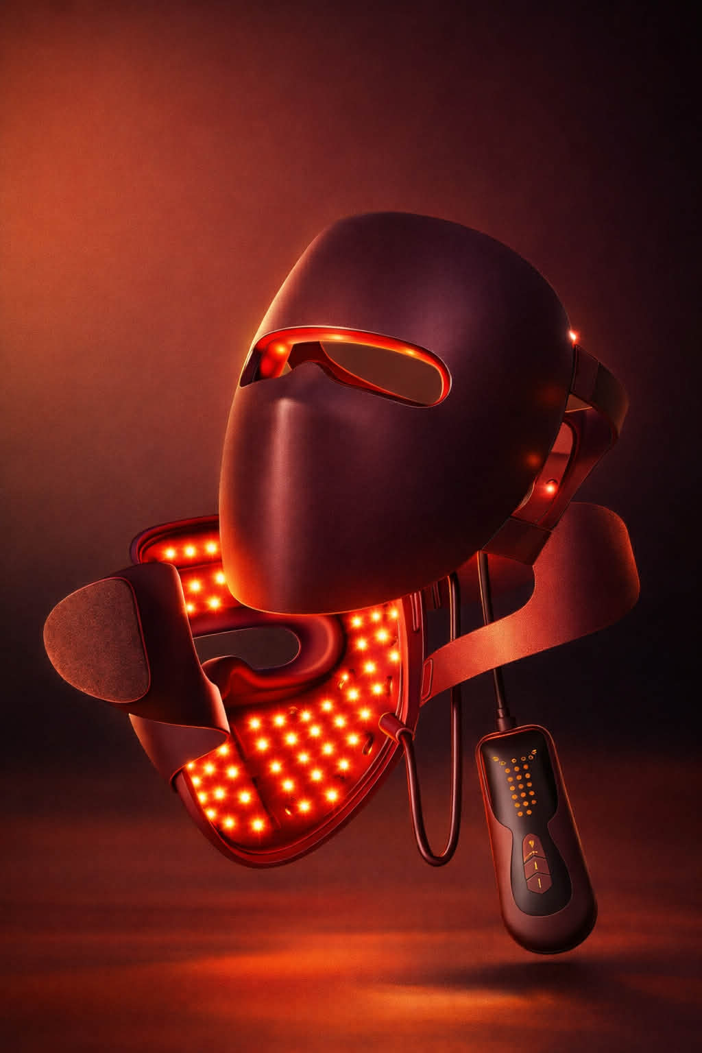 LumiAura 9D LED face mask shown from side angle, advanced light therapy beauty device for skin rejuvenation, wrinkle reduction, acne treatment, redness and dark spots correction. Professional anti-aging facial mask available online with fast US shipping.