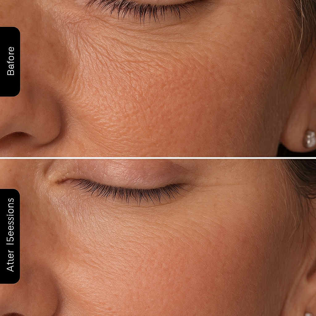 Before and after results using LumiAura™ LED Face and Neck Mask showing reduced wrinkles, smoother skin texture, and visible anti-aging improvement — fast shipping across all USA states.