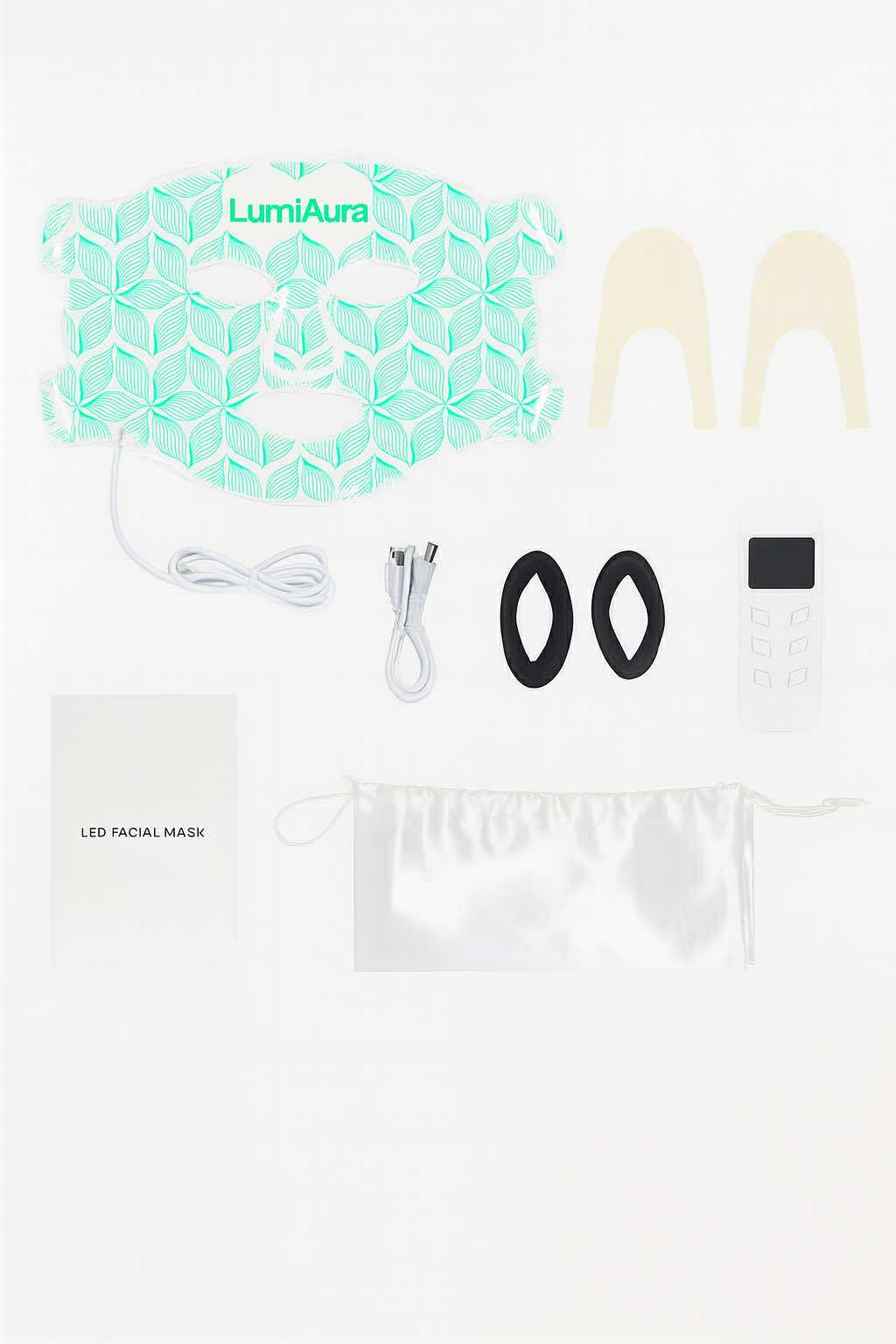 Showcasing the LumiAura™ Pro LED Light Therapy Mask for anti-aging, acne, and redness; flexible design with accessories included, available for fast USA shipping to Chicago, Miami, Houston, and Los Angeles.