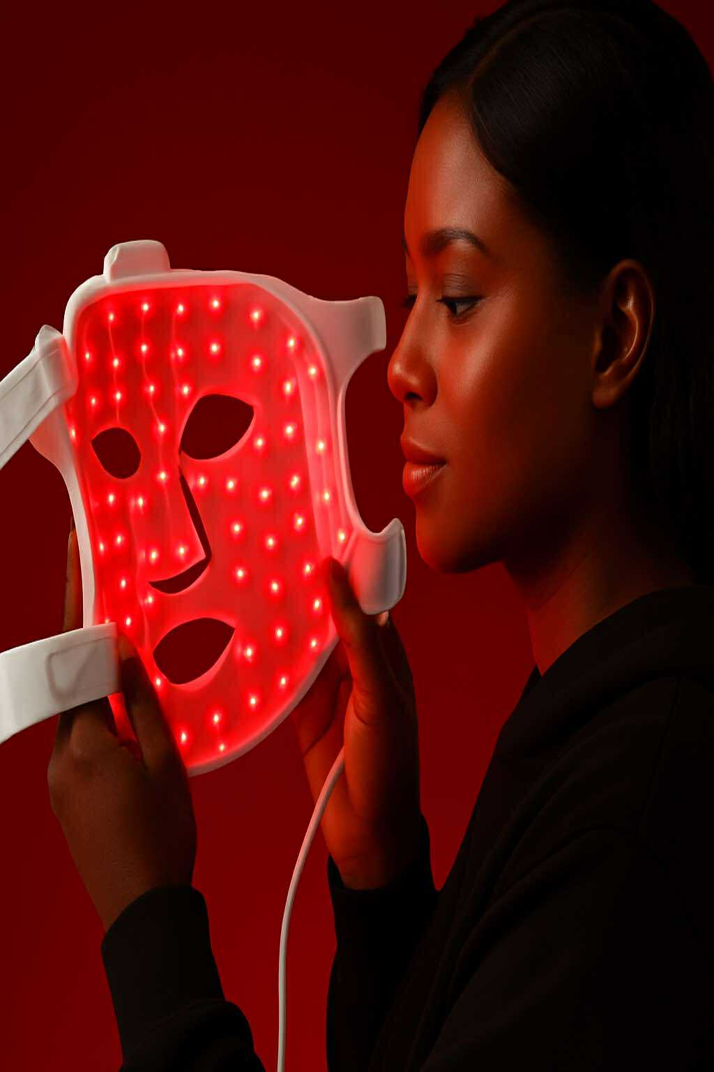Showing case ,LumiAura Pro LED Red Light Therapy Mask held by a woman, targeting wrinkles, fine lines, acne scars, and redness. FDA-safe red light technology with fast USA shipping to Los Angeles, Miami, Chicago, Houston, and New York.
