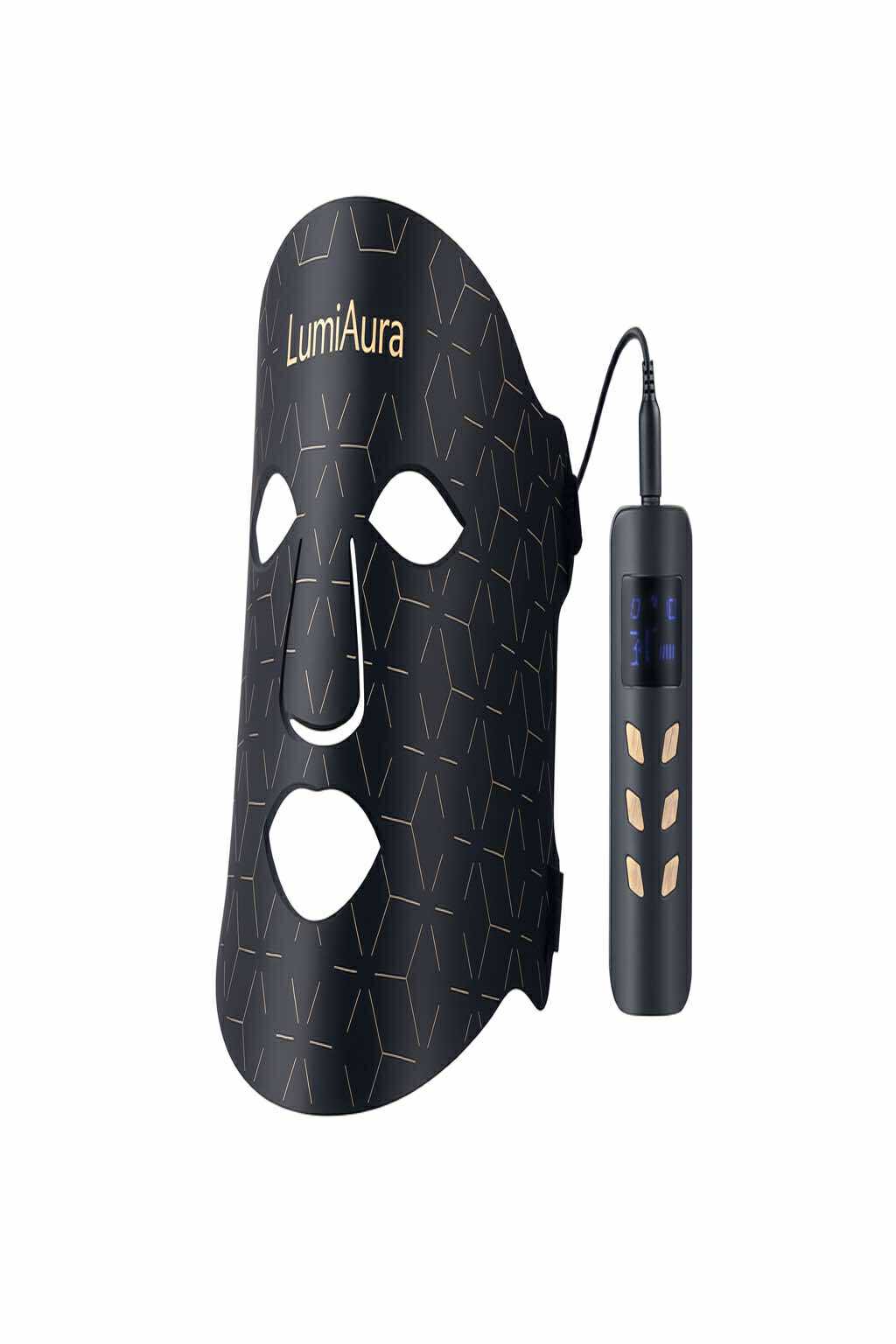 Showing case: LumiAura Pro LED Red Light Therapy Mask used for acne, redness, and fine lines, held by a woman with fast USA shipping to New York, Los Angeles, Miami, and Chicago