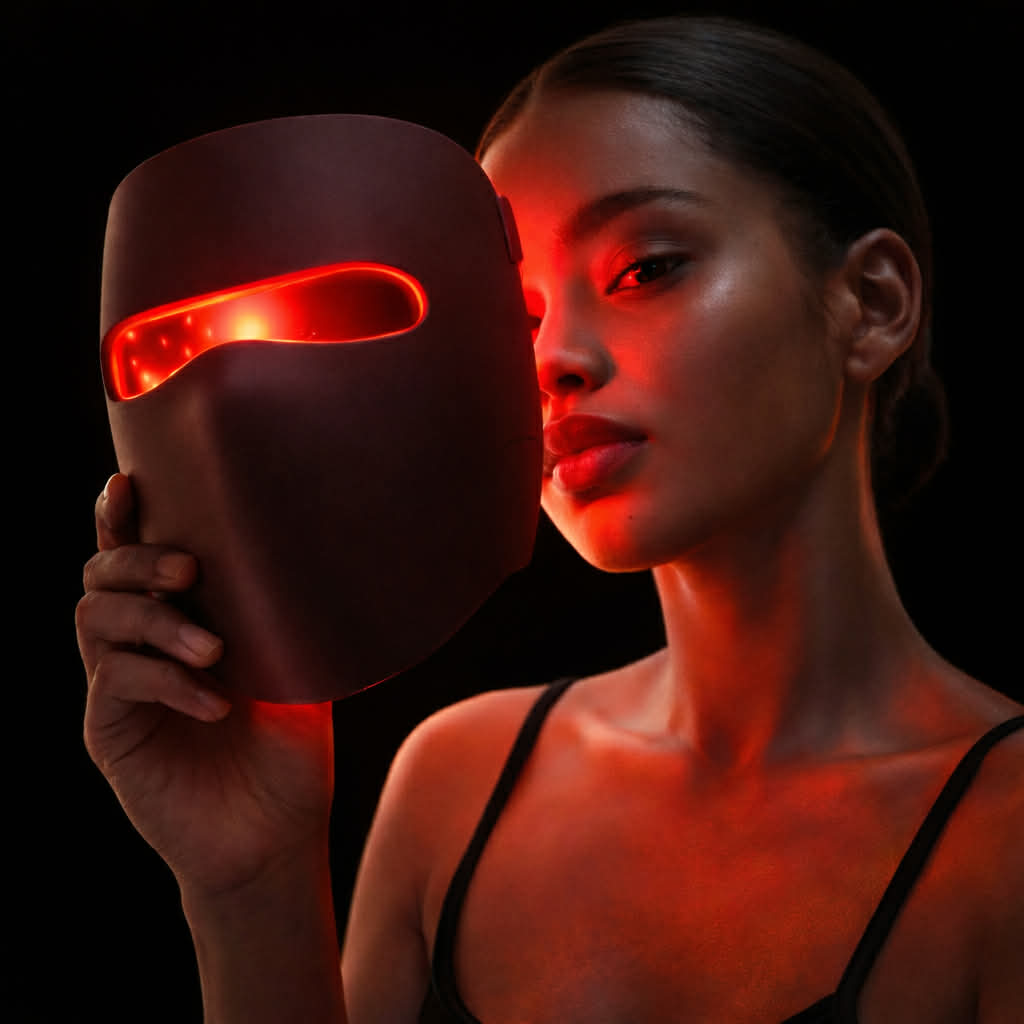 Advertising image of a woman holding the LumiAura wireless LED face mask, emitting red light therapy to the face for skincare and anti-aging routine at home.