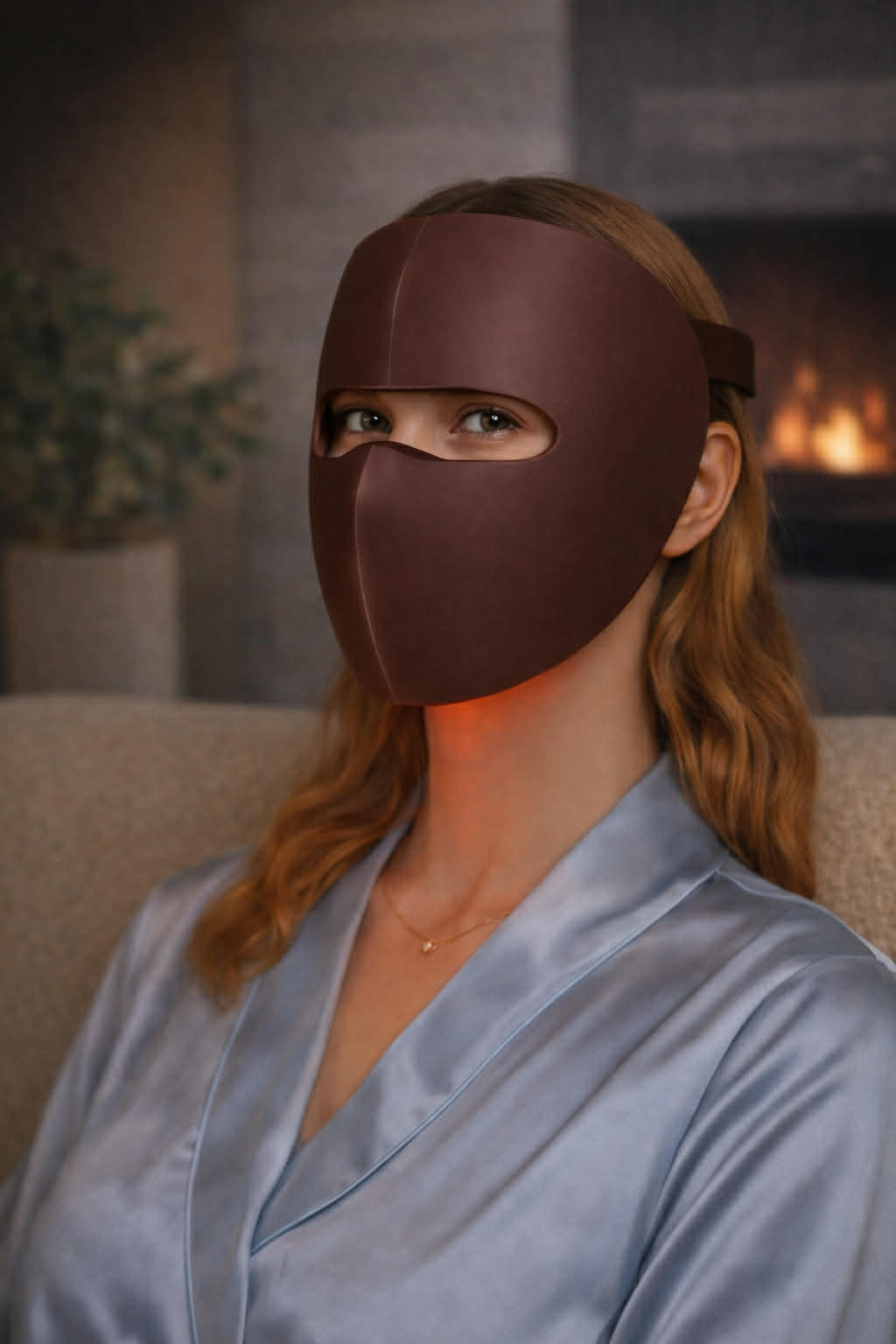 Woman wearing an anti-aging LED face mask showing visible results, supporting even skin tone and red light therapy benefits. LumiAura LED mask available for online searchers looking for effective at-home skincare solutions.